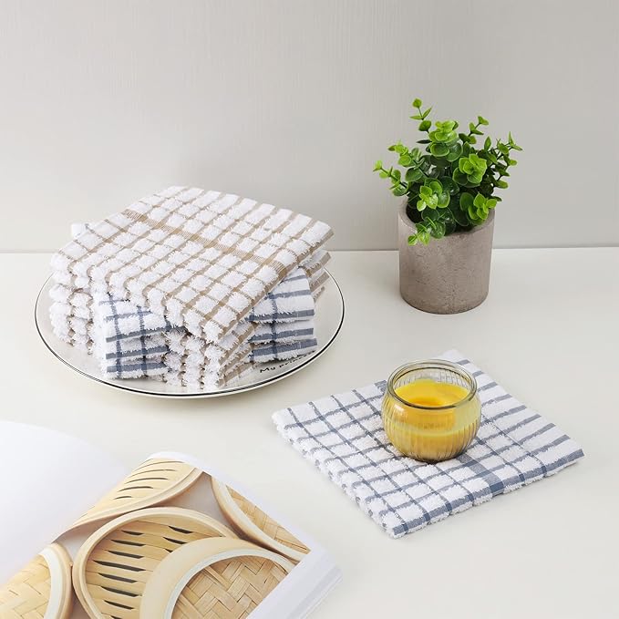 Egles 8 Packs Kitchen Dishcloths, 100% Cotton Grid Terry Dish Cloths 12" x 12" Ultra Soft Super Absorbent Dishrag Reusable Dishcloth, Multi-Purpose Quick Drying Hand Dish Towel Set with Hanging Loop