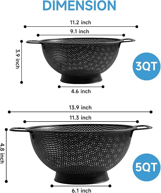 2PCS Black Colander for Kitchen, 3QT and 5QT, Stainless Steel Pasta Strainer with Handle, Pasta Strainer for Fruits Vegetables Cooking Food, Dishwasher Safe