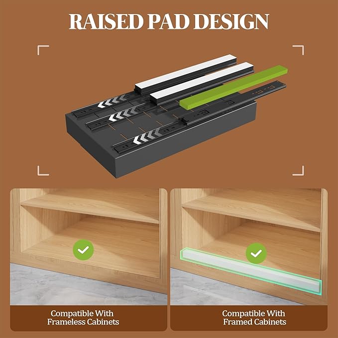 Seinloes 4 Pack Expandable Pull Out Cabinet Organizer 21" Deep With Raising Pad for Framed Cabinets,Upgrade 3 Slide Rails Slide Out Drawers,No Drill Roll Out Shelves,Adjustable Width 9"-14" Black