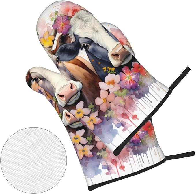 Watercolor Cows Oven Mitts and Pot Holders Sets Daisy Flower Kitchen Oven Gloves Heat Resistant 500 Degrees Oven Mitt and Hot Pad for Cooking BBQ Baking Grilling