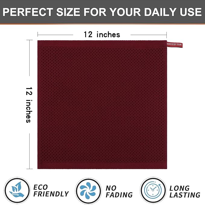 Kitinjoy 100% Cotton Kitchen Dish Cloths (12 X 12 Inches, Burgundy), 6 Pack Waffle Weave Ultra Soft Absorbent Dish Towels for Drying Dishes Quick Drying Kitchen Towels Dish Rags