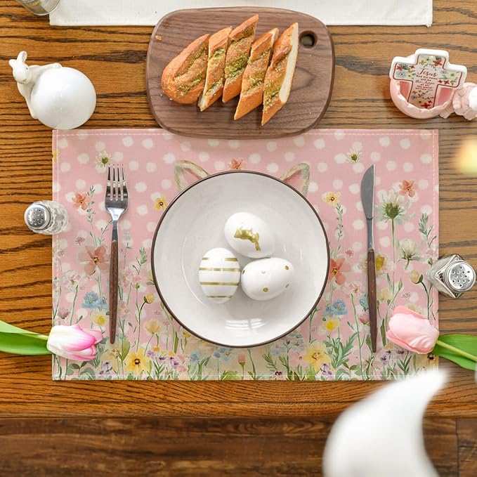 Artoid Mode Pink Bunny Polka Dot Easter Placemats Set of 4, 12x18 Inch Flower Seasonal Spring Holiday Table Mats for Party Kitchen Dining Decoration