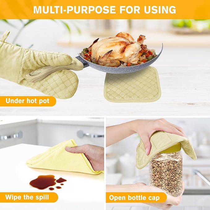 6 Pcs Oven Mitts and Pot Holders, 500℉ Heat Resistant Oven Mitts with Kitchen Towels Soft Cotton Lining and Non-Slip Silicone Surface Safe for Baking, Cooking, BBQ (Milkshake/Beige)
