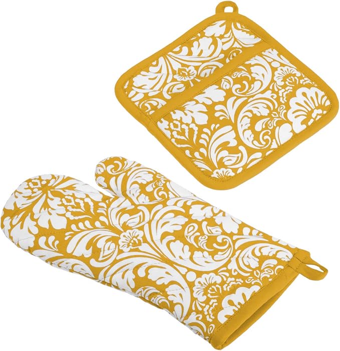 DII Quilted Kitchen Oven Mitt & Potholder Set, Hanging Loop for Convenient Storage, OM 6.5x12/PH 8x8.5, Mustard Damask Print, 2 Piece