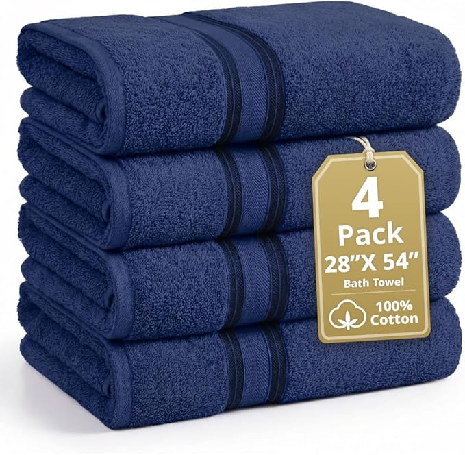 LANE LINEN 100% Cotton 4 Pack Bath Towels (28"x54") - Zero Twist, Mercerized Cotton Towels Set for Bathroom - Quick Dry, Soft & Absorbent Large Bath Towel Set - Dorm Essentials for Boys - Navy Blue