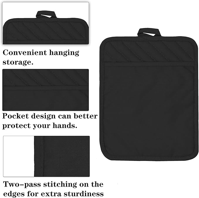 Oven Pot Holder with Pocket Cotton Heat Resistant Coaster Potholder Kitchen Hot Pad Oven Mitts for Cooking Square 7"x9" Set of 3 (Black)