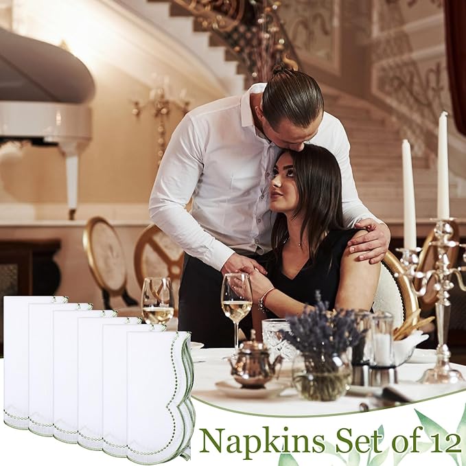Hahafelt 12 Set Cloth Napkins 18x18inches Scalloped Embroidery Cloth Napkins Washable Polyester Table Dinner for Hotel Restaurant Weddings Events Parties (Sage Green)