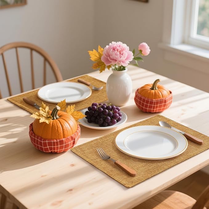 Homaxy Cloths Placemats for Dining Table Set of 6, Heat Resistant Washable Cotton Linen Blend Table Mats, Easy to Clean Place Mats for Indoor Outdoor Party Kitchen Decoration, 13" x 19", Amber
