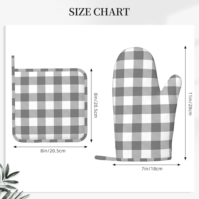 Buffalo Plaid White and Grey Oven Mitts and Pot Holders Set, 4pcs White Grey Plaid Silicone Oven Glove for Kitchen Heat Resistant Oven Mitts and Potholders Non-Slip for Cooking