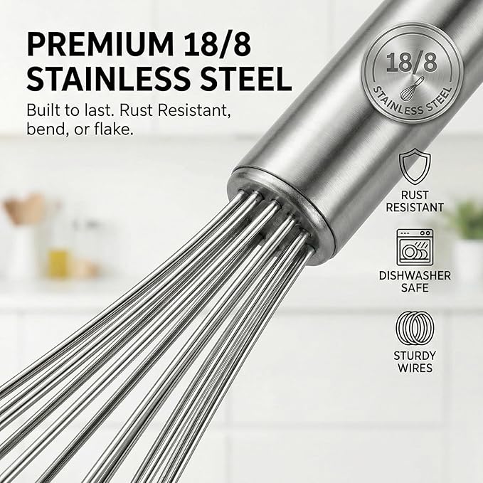 11-Inch Slim French Whisk – 18/8 Stainless Steel Wire Whip with Long Handle – Narrow Stirrer for Mason Jars, Coffee & Cocktails – Small Whisk for Eggs, Sauces, Dressings & Nut Butters