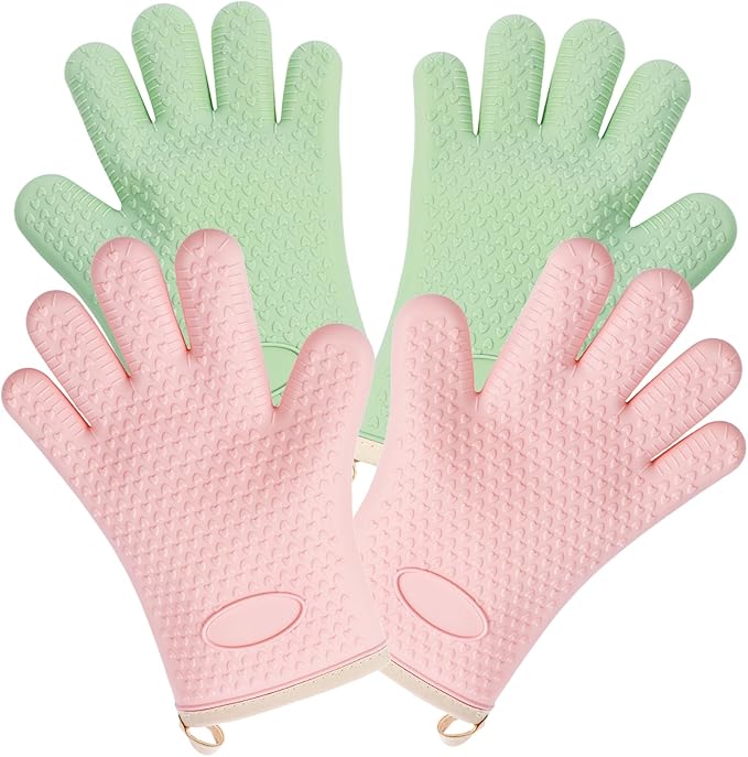 2 Pairs Silicone Oven Mitts Oven Gloves with Fingers Heat Resistant Waterproof Non-Slip Cotton Lined Silicone Oven Gloves Kitchen Mitts for Baking Cooking BBQ(2 Pairs-Green +Pink)