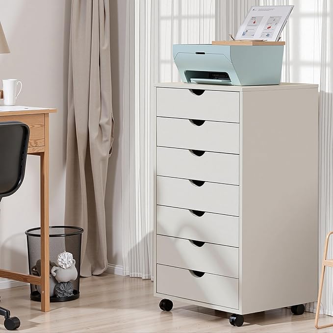 OLIXIS 7 Drawer File Cabinet, Mobile Filing Cabinet Under Desk Storage Organization with Wheels, Vertical Filing Chest Rolling Wood Small Desk Printer Stand for Home Office, White