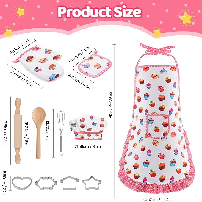 11 PCS Kids Baking Set for Girls, Chef Costume with Adjustable Apron & Hat, Pretend Play Kitchen Toys for Toddlers 3-8, Birthday Xmas Gifts for Little Chefs