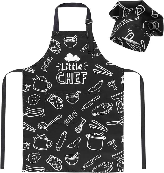 Kids Apron and Chef Hat Set, Funny Apron with 2 Pockets, Adjustable Kids Aprons for Cooking for Boys and Girls