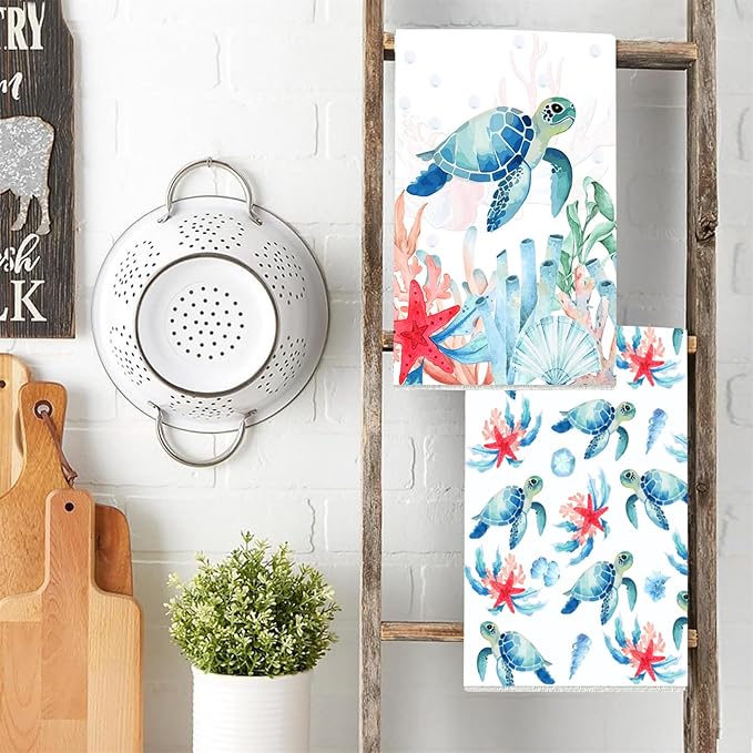 Sea Turtle Ocean Kitchen Towels 2 Pcs Decorative Hand Towel Absorbent with Hanging Loop 16”X 24”