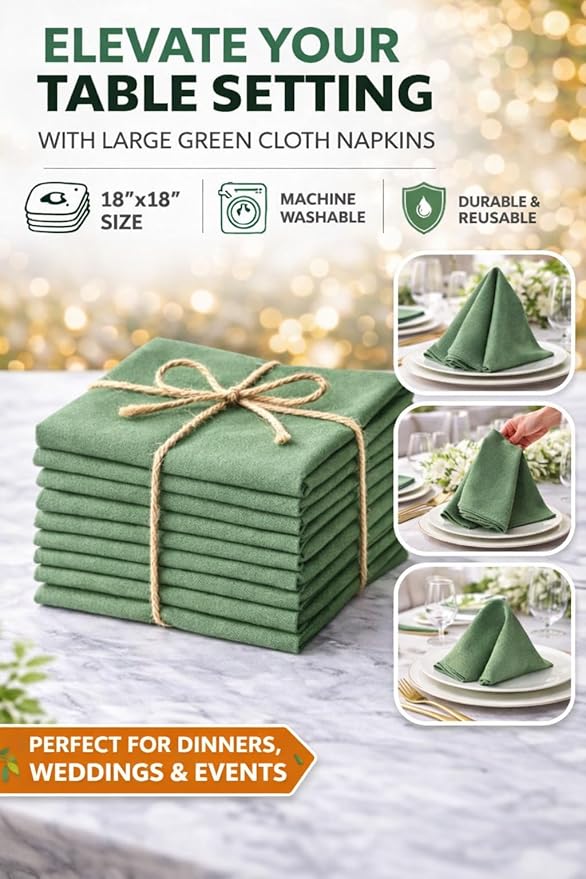 Marubhumi Cotton Cloth Dinner Napkins Set of 12, 18x18 Natural Premium Quality Mitered Corners Cotton Blend Wedding and Cocktail Napkins, Machine Washable (Green)