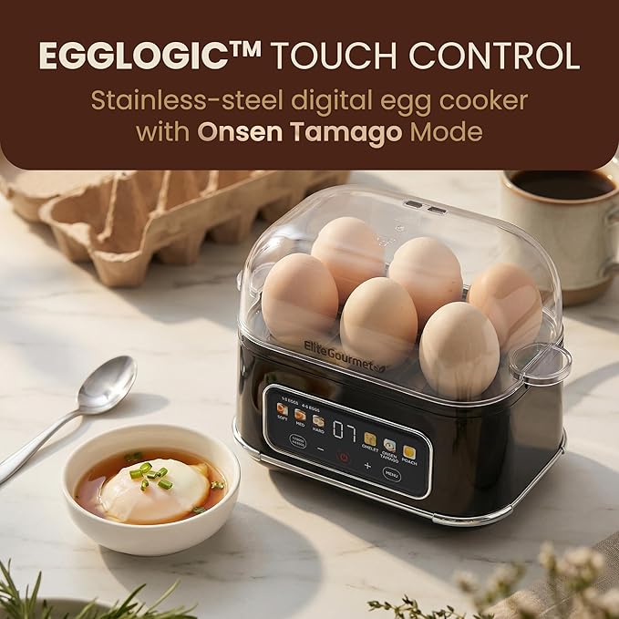 Elite Gourmet Digital Egg Cooker, 6 Egg Capacity, Soft/Medium/Hard Boiled, Onsen Tamago, Poach & Omelet, One-Touch Menu, Audible Alert On/Off, Auto Shut-Off, Black
