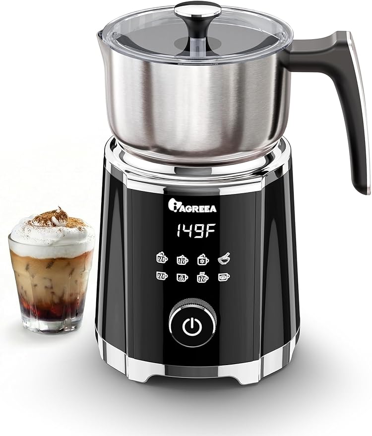 IAGREEA 8 in 1 Large Electric Milk Frother, 21oz/600ml Detachable Frother Steamer, Automatic Hot & Cold Foam Maker for Latte, Cappuccino, Hot Chocolate, Matcha, Dishwasher Safe, Stainless Steel Jug