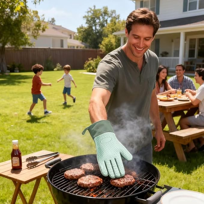 Silicone Oven Mitts Heat Resistant 450°F - Waterproof Non-Slip Kitchen Gloves with Cotton Lining, Flexible Oven Mitts for Cooking, Baking, Grilling & BBQ (Set of 2)