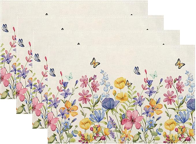 Spring Floral Placemats 12x18 Inches Set of 4 Colorful Flower Butterfly Decorative Rectangle Table Mats Summer Colorful Linen Place mats for Party Home Kitchen Dining Table Decor