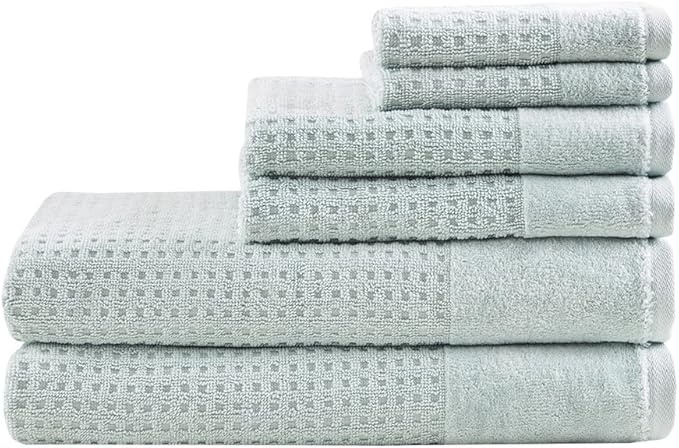 Madison Park Spa Waffle 100% Cotton Luxurious Towel Set, Premium Texture Waffle Weave, Highly Absorbent, Quick Dry, Hotel & Spa Quality Wash Clothes for Bathroom, Assorted Sizes, Seafoam 6 Piece