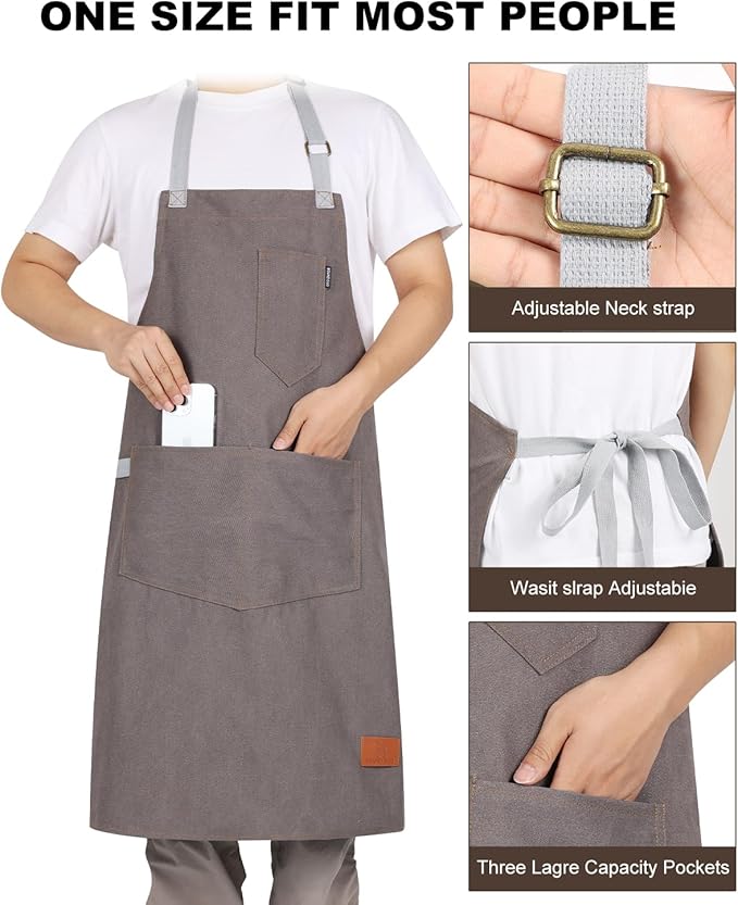Womens Apron with Pockets Adjustable Shoulder Strap,Aprons for Men 38.5" Extra-Long Straps Fit More Body Types,Chef Apron for Kitchen Garden Barbecue Woodworking(Gray)