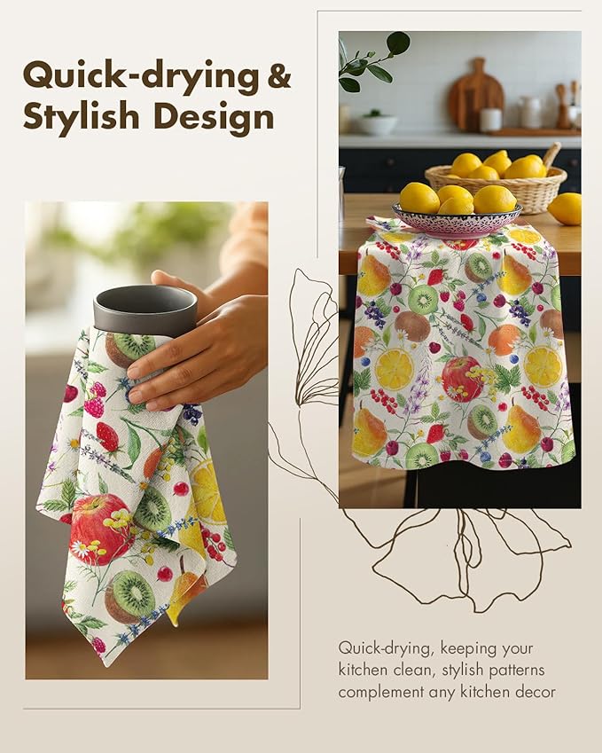 Miss Adola Flour Sack Kitchen Towels - Set of 2 Cotton Dish Towels with Hanging Loop Decorative 18x26 Inch Absorbent Cute Design for Housewarming Gifts, Fruits