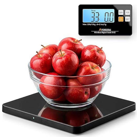 Atogou Upgraded Wireless Food Scale, 33lb/15kg Kitchen Scale with Detachable Display & Larger Platform, 0.1oz/1g, 9 Units, Counting Function, Stainless Steel, for Cooking, Baking, Shipping, Black