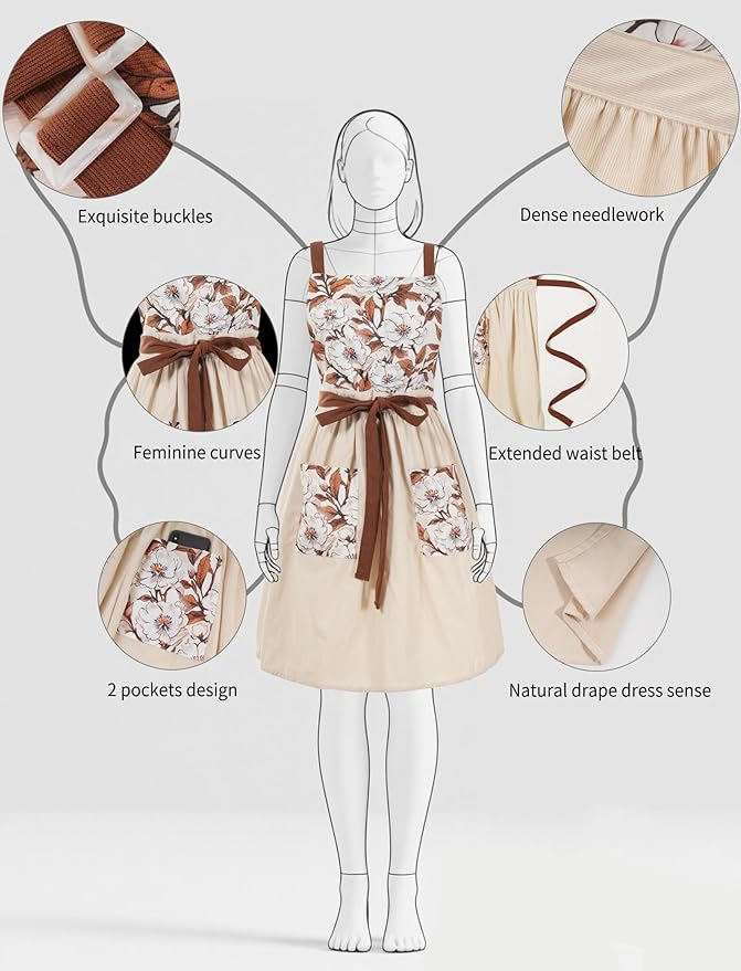 Pinknoke Vintage Pinafore Apron Dress for Women with Pockets Cute Floral Chef Aprons for Kitchen Cooking Baking Gardening