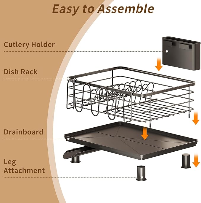 PureBox Dish Drying Rack, Rustproof Stainless Steel Kitchen Counter Organizer with Cup Holder, Utensil Caddy & Drainer Board, Space Saving, Black