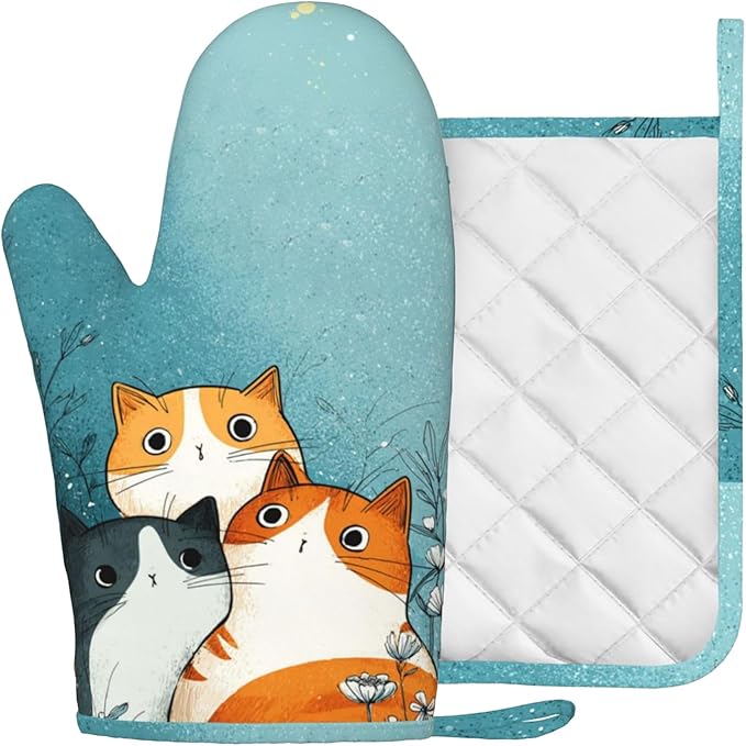Cute Cartoon Cat Oven Mitts and Pot Holders Sets Funny Cat Silicone Heat Resistant Kitchen Oven Gloves Pot Holder for Cooking Baking Grilling BBQ