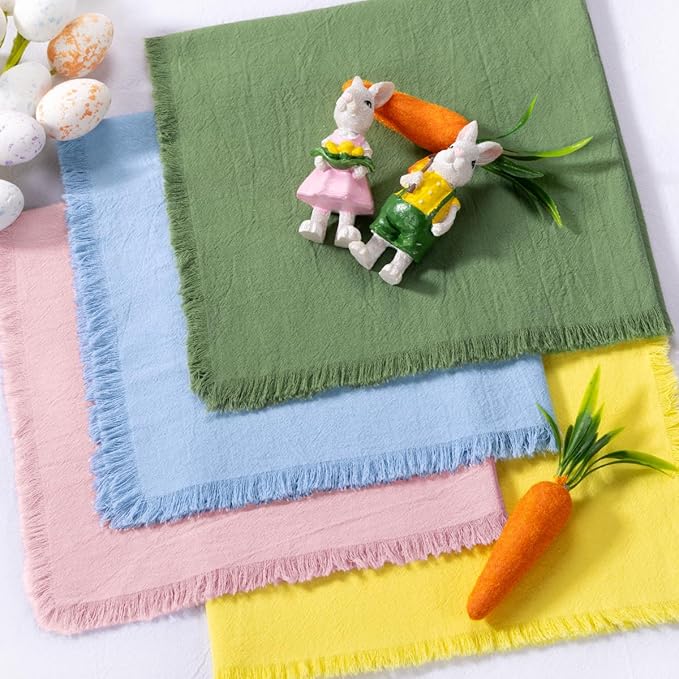 DeZerlor 12 Pack Easter Color Cotton Linen Napkins with Fringe Easter Spring Cloth Napkins Set of 6 12 Boho Handmade Dinner Napkins Bulk for Wedding Bridal Baby Boy Shower Parties, 17 x 17