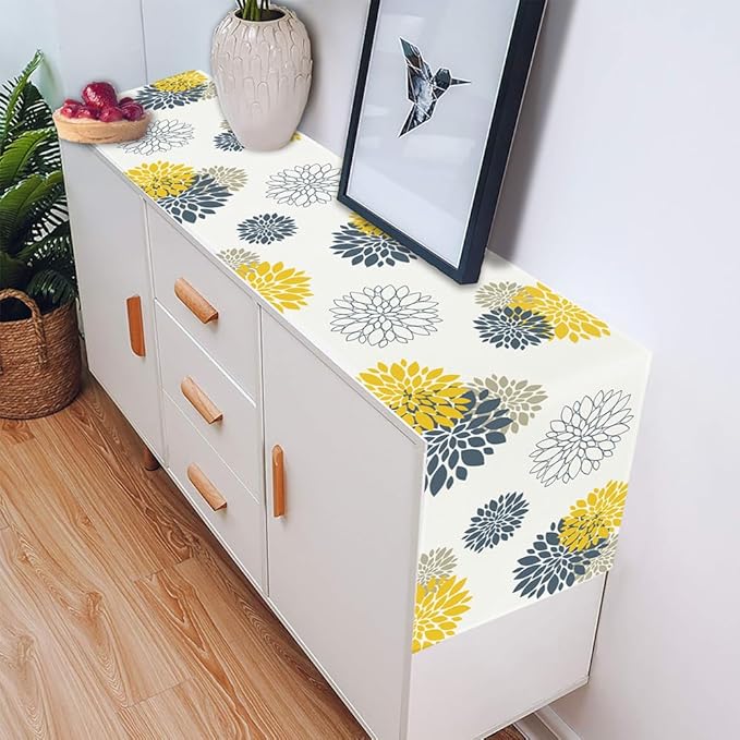 Blue Yellow Gray Table Runner Dahlia Pinnata Flower Beige Table Runners Modern Elegant Pompon Farmhouse Geometric Coffee Table Center Decor for Home Kitchen Dining Party 13 x 48 Inch