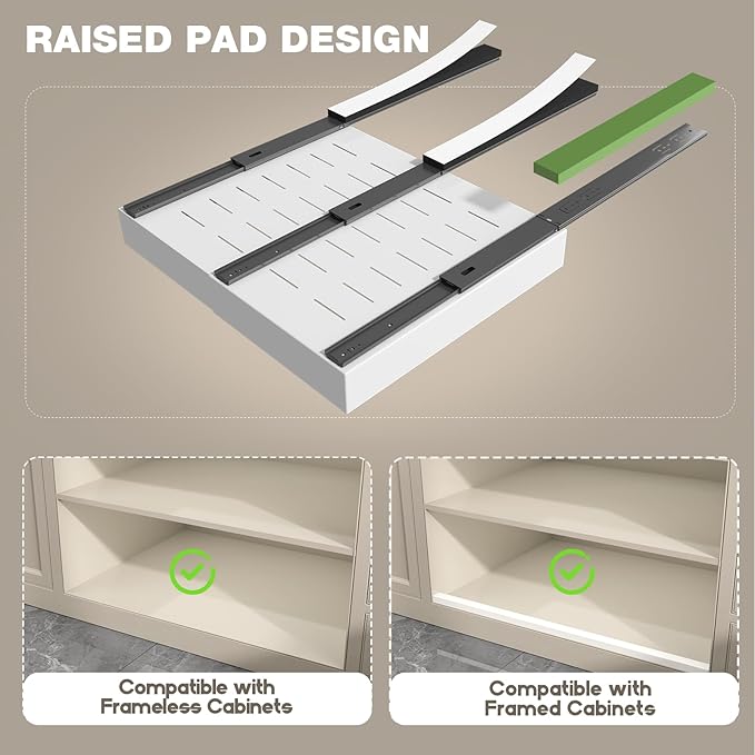 Seinloes 2 Pack Pull Out Cabinet Organizer 19" Deep,Full Extension 3 Slide Rails Slide Out Drawers With Raising Pad for Framed Cabinets,Expandable Width (12.3"-20.5"),No Drill Roll Out shelf,White
