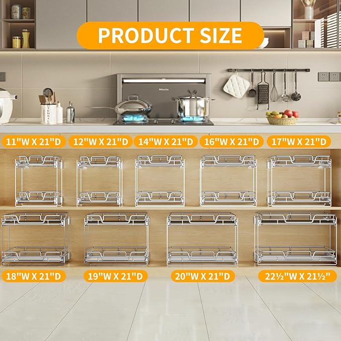 2-Tier Kitchen Cabinet Pull Out Shelf and Drawer Organizer Slide Out Pantry Storaqe Basket in Multiple Sizes (14" W x 21" D)