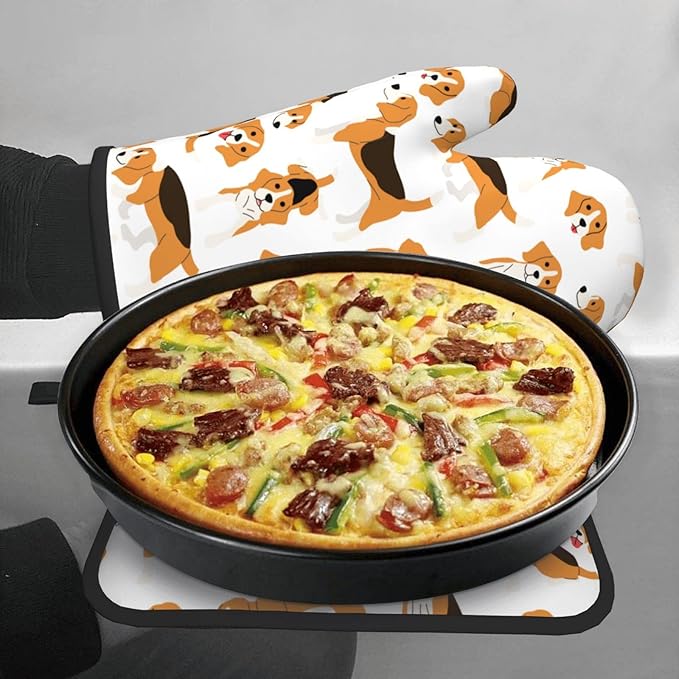 Cute Dogs Oven Mitts and Pot Holders Beagle Heat Resistant Oven Mitts Safe for Baking Cooking BBQ