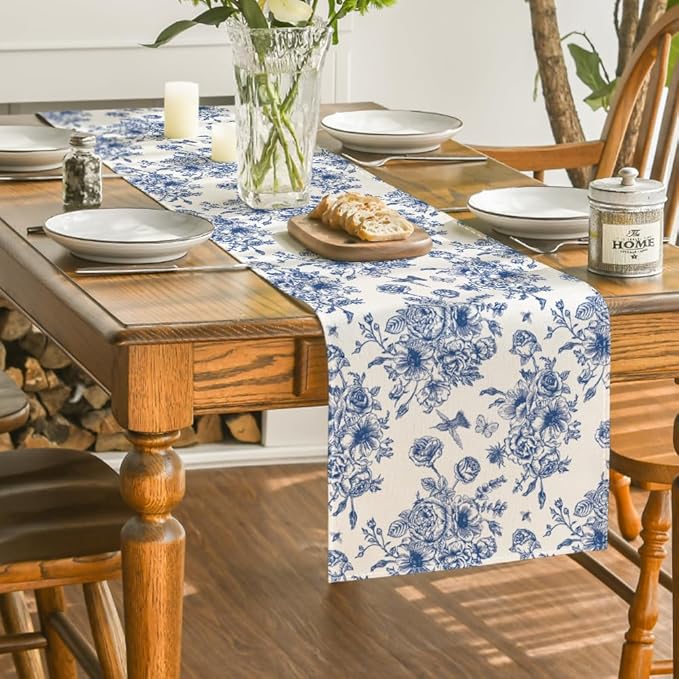 Artoid Mode Spring Navy Blue Floral Chinoiserie Table Runner, Seasonal Summer Kitchen Dining Table Decoration for Home Party Decor 13x72 Inch