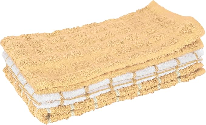 Ritz Premium 100% Cotton Terry Check Kitchen Dish Towels - Highly Absorbent, Super Soft, Long-Lasting, 25"x15", 3-Pack, Straw