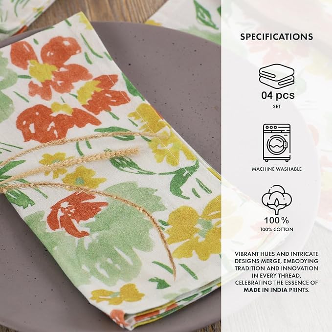 TARAN LIVING Cloth Napkins Set of 4, Printed Floral Cotton Dinner Napkins, Soft Washable Table Napkin Set Holiday Farmhouse Décor - 18"x18"