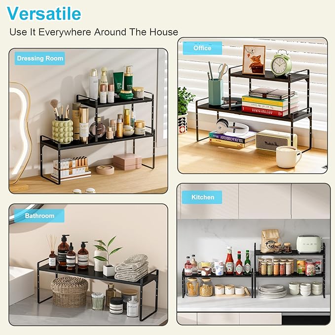 15.5 to 25.5 Inch Kitchen Cabinet Shelf Organizers, Adjustable Kitchen Counter Shelf Organizer, Set of 4 Expandable Countertop Storage Shelves, Stackable Design, 30LBS Heavy Duty, Space Saver