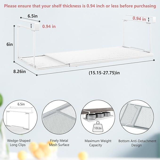 Expandable Under Cabinet Shelf, Extendable Under Shelf Storage with 0.94 Inches Thick Clips for Shoe Rack, Pantry Cabinet, Laundry Room. (White, 1 Pack, Interior: 6" H x 8.26" D)