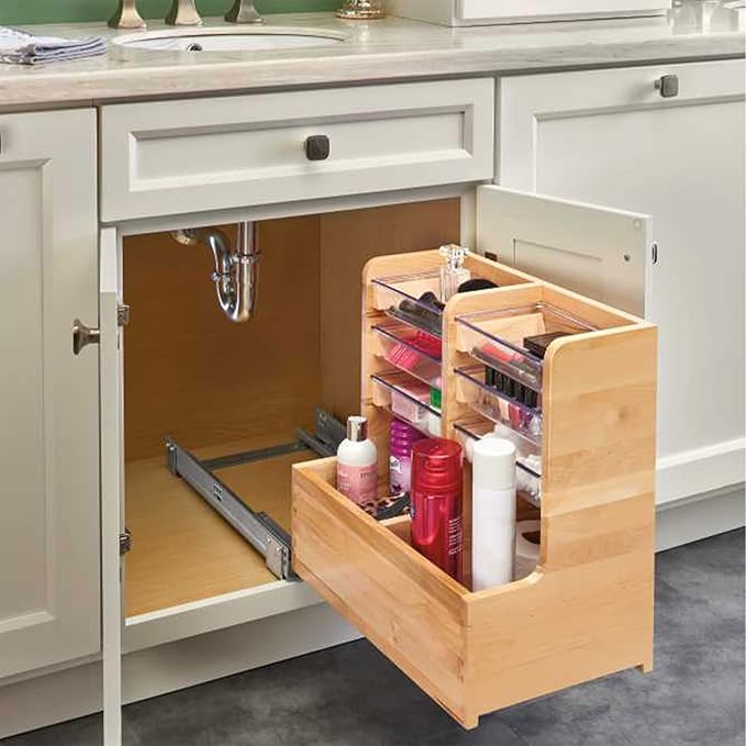 Rev-A-Shelf 30" Wood Vanity Sink Pull Out Organizer Cabinet Storage with Soft-Close for Kitchen or Bathroom, Maple Wood, 441-15VSBSC-1