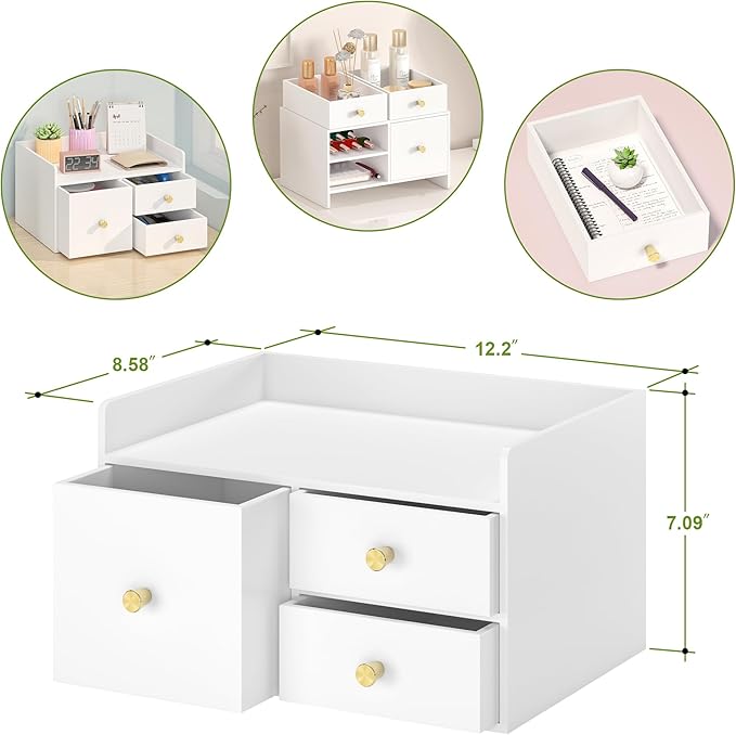 Bamboo Desk Organizer with Drawers Wooden Desktop Storage Drawers for Bills Office Supplies Kitchen Utensils Organizing Tool for Home Classroom Organization No Assembly (White, 3 Drawer)