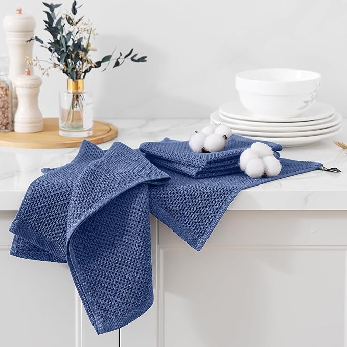 Kitinjoy 100% Cotton Kitchen Towels and Dishcloths Set, 8 Pack-13" x 28" and 12" x 12" Waffle Weave Dish Towels, Ultra Soft Absorbent Quick Drying Dish Rags, Navy Blue