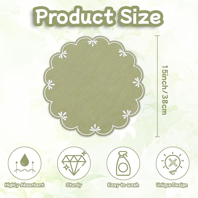 SK Studio Set of 6 Cotton Linen Placemats, 15x15 Round Scalloped Cloth Table Mats, Embroidery Double Layered Washable Dining Placemat for Hotel Restaurant Kitchen, Green