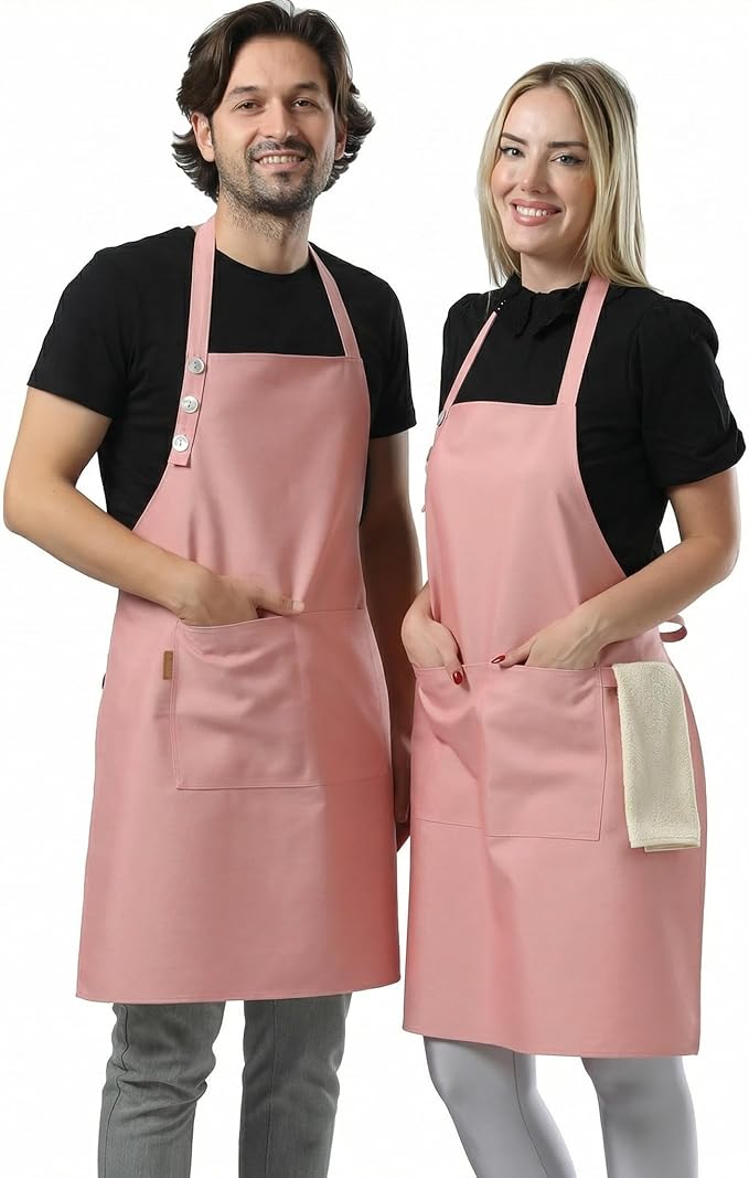 TOSHE Kitchen Apron Waterdrop Resistant Cotton Apron with adjustable Aprons for Women with Pockets Cooking Apron (2 Pack - Powder Pink)