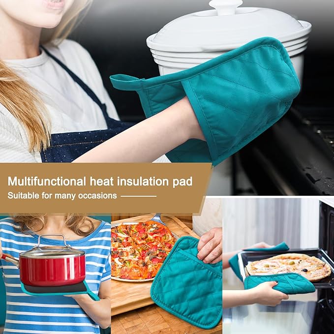 2Pcs Cotton and Neoprene Oven Pads Pot Holders with Pocket 8"x8.5" Dual-Function Hot Pad Set for Finger Hand Wrist Protection Heat Resistant to 428°F Teal,Green