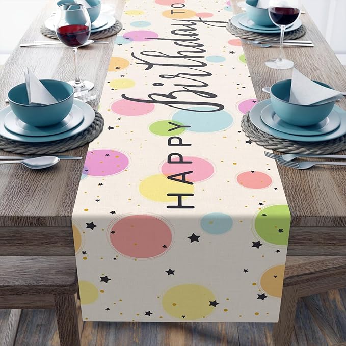 Happy Birthday Table Runner 13x72 Inch Colorful Circle Stars Farmhouse Polyester Linen Table Decoration for Kitchen Dinning, Indoor Outdoor Home Dinner Party (Rainbow)