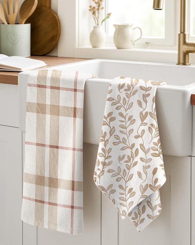 Miss Adola 2pcs Flour Sack Kitchen Towels - 18"x 26" Cotton Kitchen Hand Towels with Hanging Loop Reusable Geometric Beige Plaid Floral Tea Towel Absorbent Dishcloths Home Decor, Botanical Floral