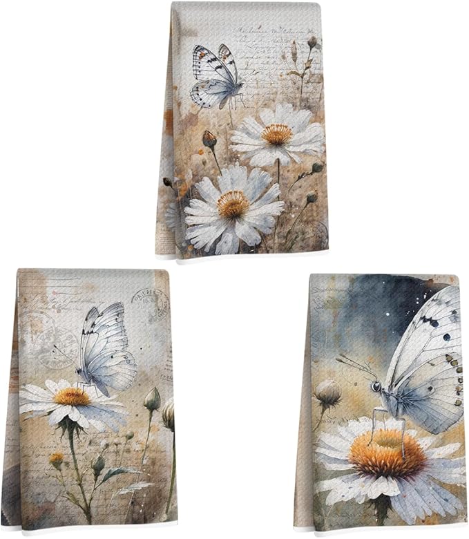 ZHAMEN 3 Pcs Vintage Daisy Kitchen Towels, White Butterfly Decorative Absorbent Microfiber Dish Cloth Tea Towel, Watercolor Waffle Soft Hand Towels for Farmhouse Home Bathroom, Housewarming Gifts